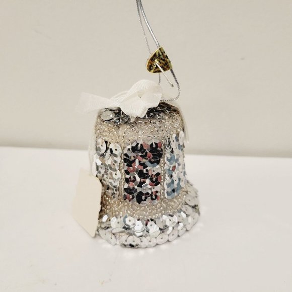 Vintage HTF RARE Silvistri Beaded Sequence Silver Bell Ornament Hand Made - Picture 4 of 6